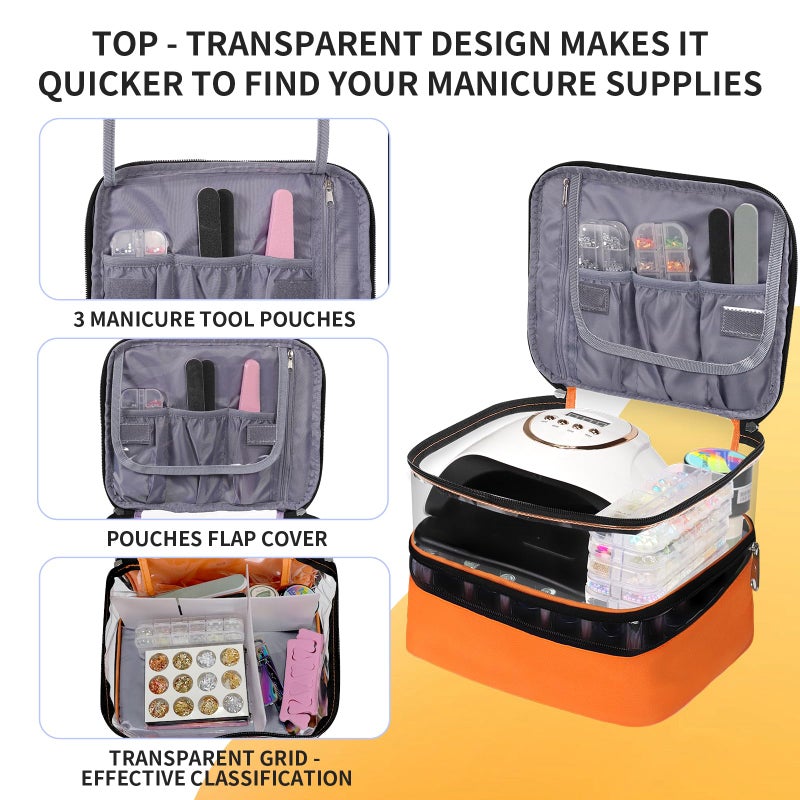 BELOVING Clear Nail Polish Organizer  Double-Layer Nail Polish Bag Organizer Case Holds 30 Bottles and Nail Dryer  Nail Organizers and Storage for Manicure Tools-Orange - Image 4